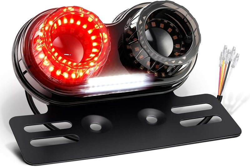 PBYMT Enhanced Motorcycle Tail Light, 90LEDs Break light Running Lights, IP67 Waterproof Turn Signals with License Plate Bracket Compatible with Street Bike Cruiser Chopper Bobber (Smoke) - Image 1